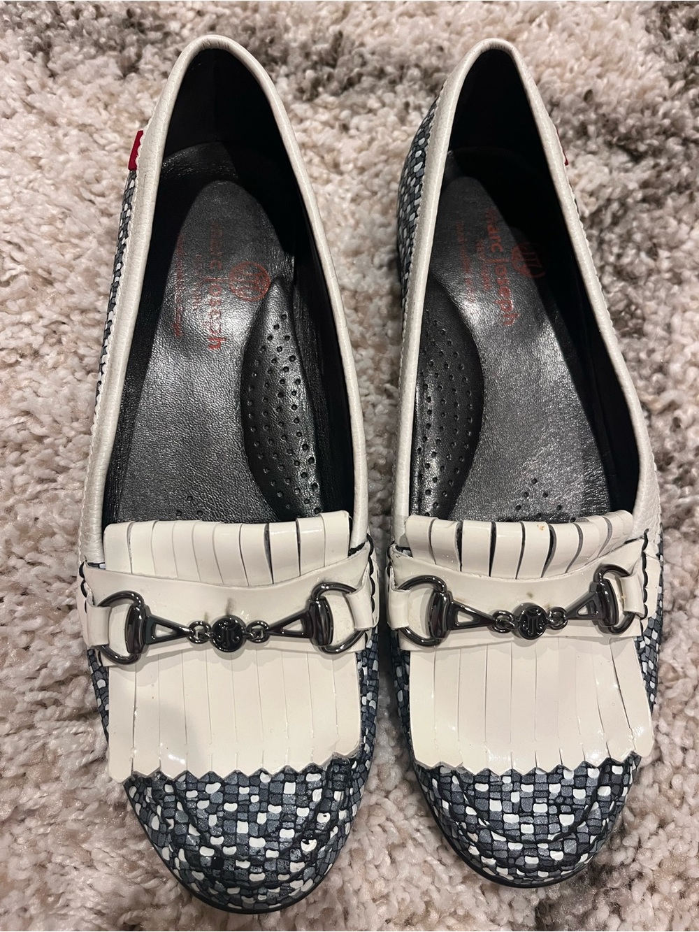 White and Navy Kiltie Bit Loafers for Women